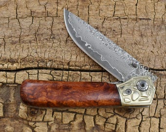 Handcrafted Damascus Pocket Knife – Red Amboyna Burl Wood Handle