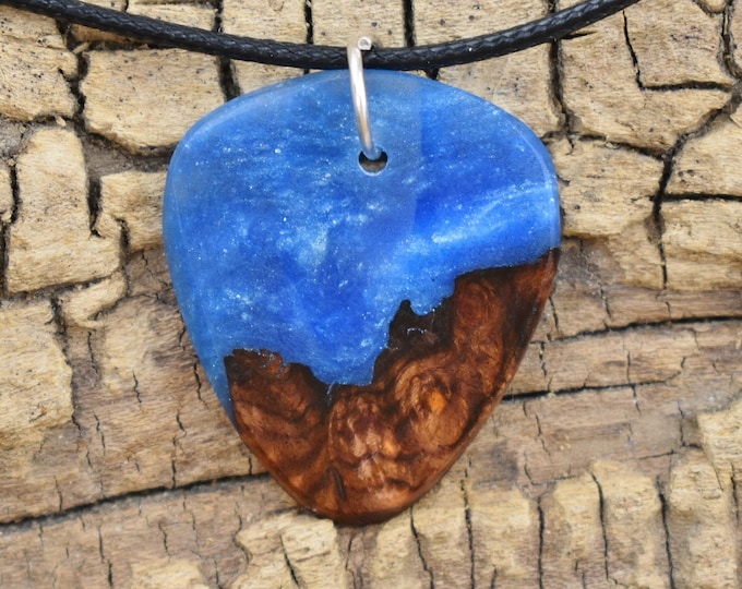 Honduran Rosewood Burl Guitar Pick Pendant: Caribbean Blue Resin Necklace