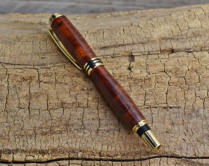 Hand Carved Amboyna Burl Fountain Pen - Gold Finish