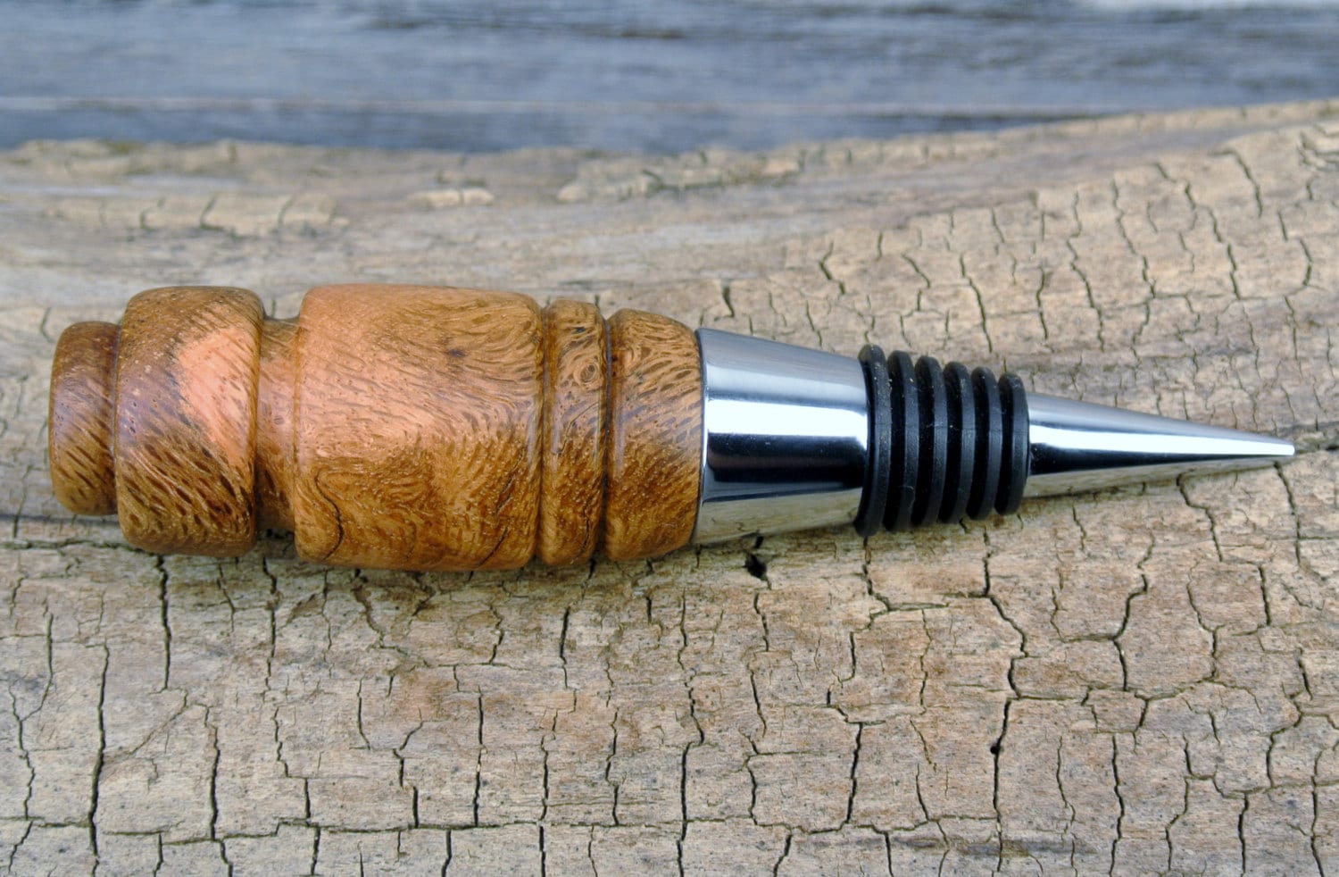Wooden Wine Bottle Stopper Black Oak Burl Chrome Cone Style Bottle