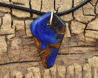 Elm Burl Cobalt Blue Resin Wood Pendant Necklace - Handmade Wood Pendant - Wood Necklace - 18-20inch Adjustable
