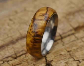 Rare Southeast Asian Teak Burl Ring - Stainless Steel Core - Size 9 1/2 - 8MM (0.31 inches) Wide - Wedding Ring - Wedding Band