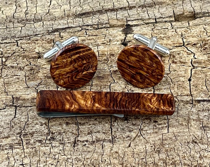 Matching Wood Tie Clip and Cuff Link Set - Honduran Rosewood Burl - 2 1/4 inch Long Tie Bar - Stainless Steel - Groomsmen Gift