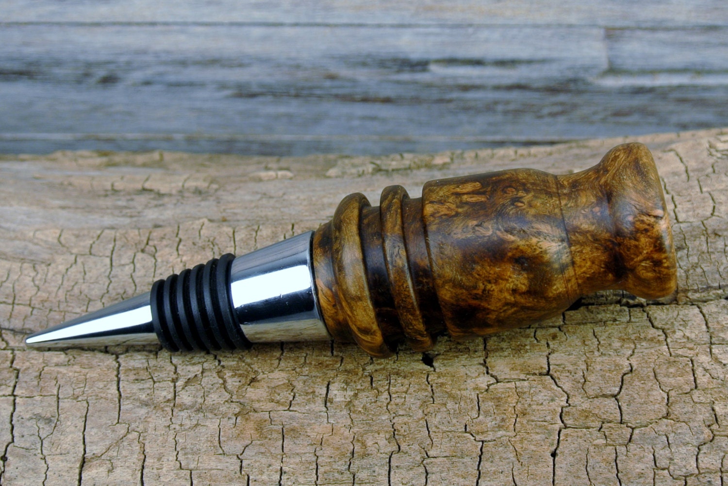 Wooden Wine Bottle Stopper Wild Almond Burl Chrome Cone Style