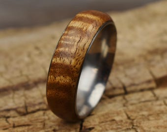 Southeast Asian Curly Acacia Ring - Stainless Steel Core - Size 13 - 8MM (0.31 inches) Wide - Wedding Ring - Wedding Band