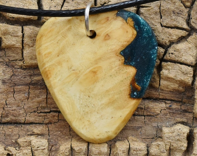 Afzelia Burl Guitar Pick Pendant: Emerald Green Resin Wood Necklace