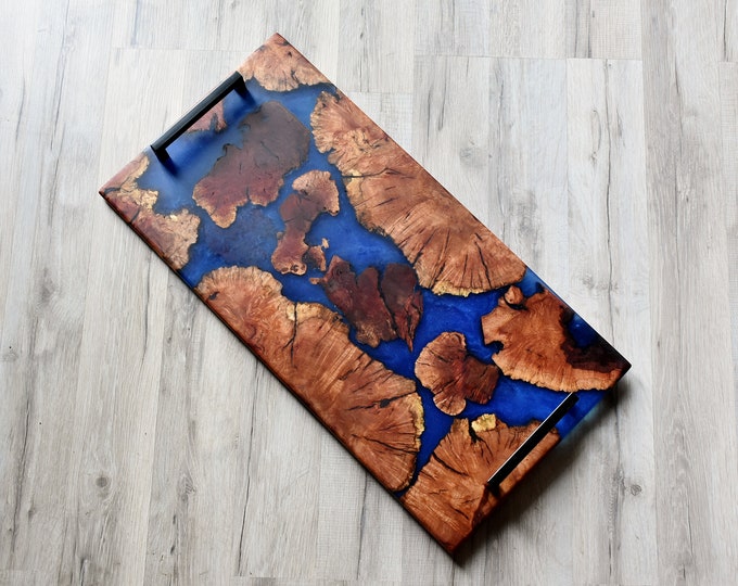 Manzanita Burl Charcuterie Board: Deep Blue Sea Resin, Live Edge (12x24)