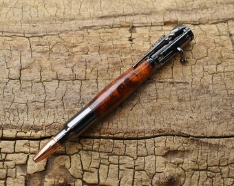 Rare Wood Bolt Action Pen - Southeast Asian Amboyna Burl - Wood Carving - Chrome Bolt Action Pen - Hand Carved Wood Pen