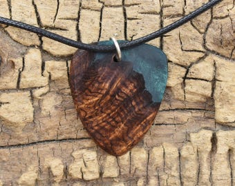 Honduran Rosewood Burl Emerald Green Resin Wood Guitar Pick Pendant Necklace - Handmade Pendant - Rare Wood Necklace - 18-20inch Adjustable