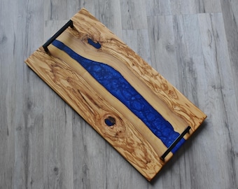 Charcuterie Board Blue Resin and Figured Italian Olivewood - Live Edge Board - Serving Board - Resin Wood Charcuterie Board - 12x24