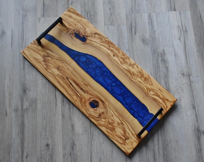 Blue Resin Charcuterie Board: Figured Italian Olivewood, Live Edge