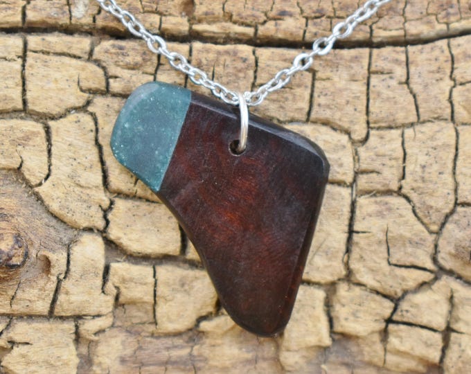 Resin and Manzanita Burl Pendant Necklace, Green Resin Wood Necklace 24 inch Long Chain