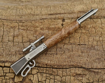 Rare Wood Rifle Pen - Southeast Asian Satinwood Burl - Lever Action Click Pen - Hand Carved Wood Pen