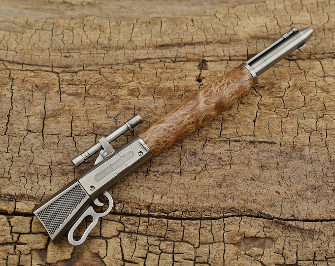 Satinwood Burl Rifle Pen: Hand Carved Lever Action Click Pen