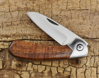 Pocket Knife with Hawaiian Curly Koa Wood Handle - Hawaiian Curly Koa Wooden Handle - Hunting Knife - Engraving Option Available
