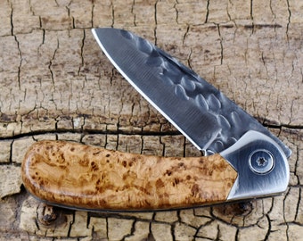 Pocket Knife with Black Ash Burl Handle - Wood Pocket Knife - Hammer Forge Blade - Hunting Knife- Engraving Option Available