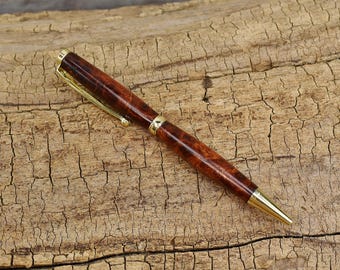 Rare Amboyna Burl Wood Pen – Slimline Twist | Gold Plated Finish