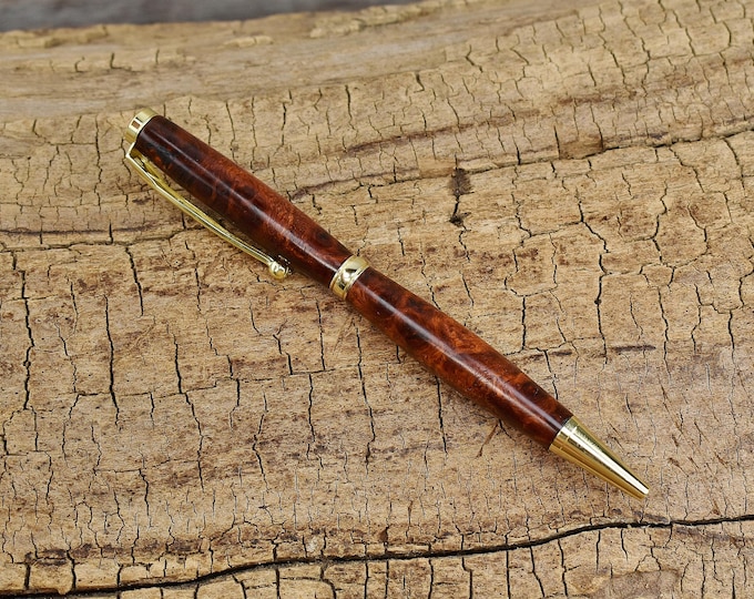 Rare Amboyna Burl Wood Pen – Slimline Twist | Gold Plated Finish