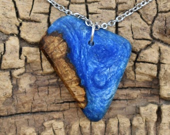 Rare Campeche Burl Caribbean Blue Resin Wood Pendant Necklace - Handmade Wood Pendant - Wood Necklace -  20 inch Long Chain