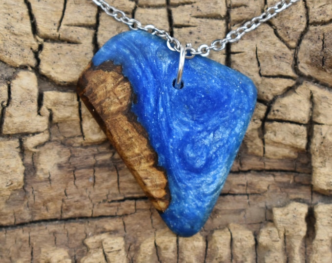 Handmade Campeche Burl Wood Pendant Necklace: Caribbean Blue Resin, 20 inch Chain