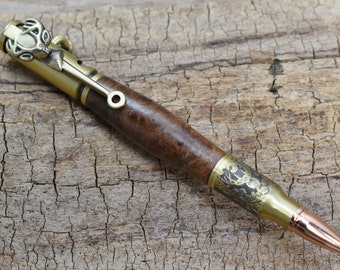 Wood Deer Hunter Bolt Action Pen - Walnut Burl - Wood Carving - Antique Brass Bolt Action Pen - Hand Carved Wood Pen