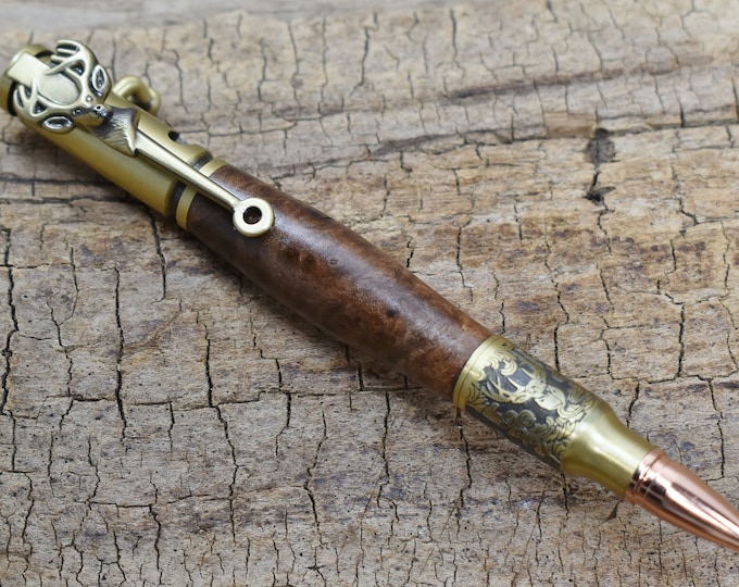 Hand Carved Wood Bolt Action Pen: Walnut Burl, Antique Brass Deer Hunter