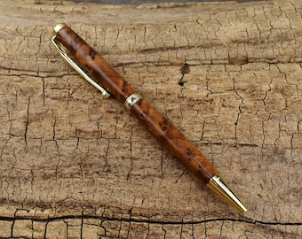 Rare Moroccan Thuya Burl Wood Pen - Slimline Twist | Gold Plated Finish