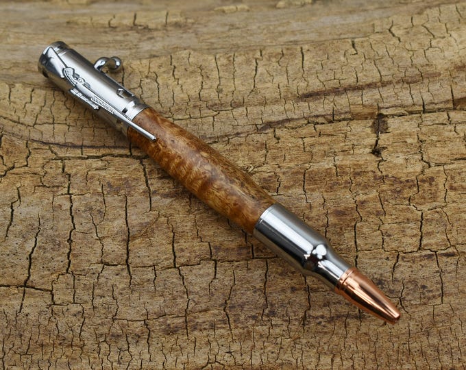 Hand Carved Satinwood Burl Bolt Action Pen - Chrome Finish