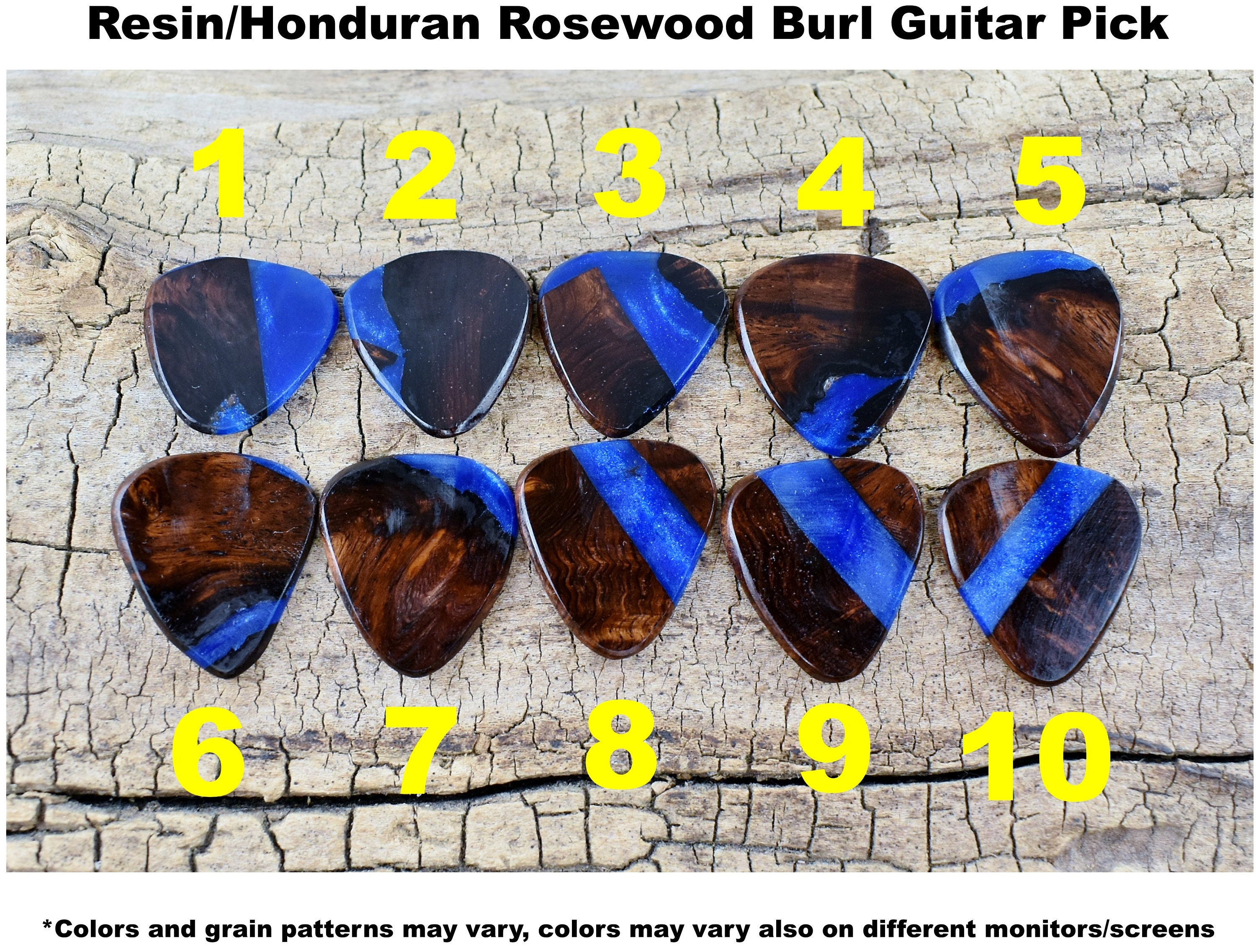 Resin Wood Guitar Pick Handmade Honduran Rosewood Burl and Resin Wood
