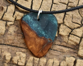 Elm Burl Emerald Green Resin Wood Guitar Pick Pendant Necklace - Handmade Wood Pendant - Wood Necklace - 18-20inch Adjustable
