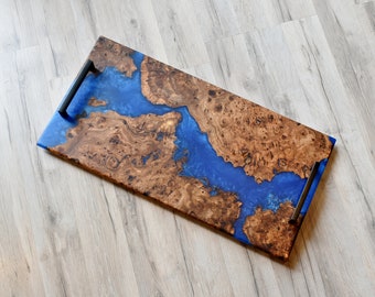 Charcuterie Board Cobalt Blue Resin and Red Elm Burl - Cutting Board - Live Edge Board - Serving Board - Resin Charcuterie Board- 12x24