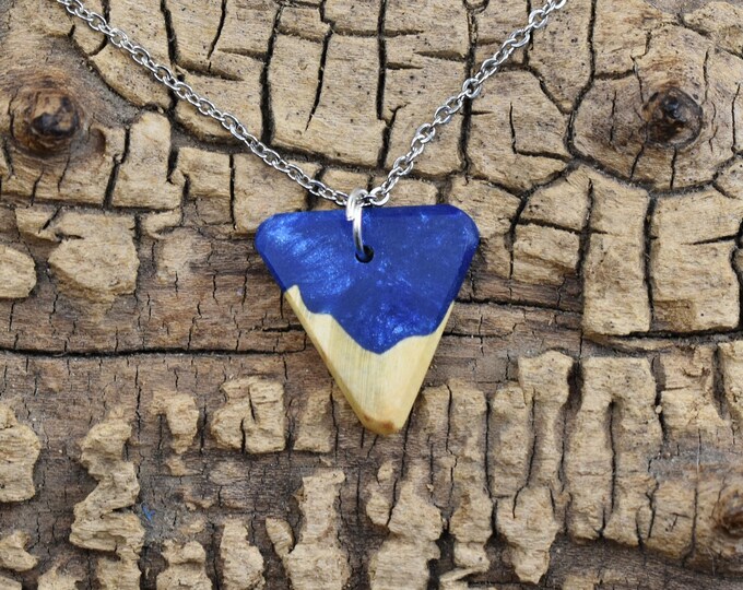 Maple Burl Wood Pendant Necklace: Cobalt Blue Resin, 20in Chain