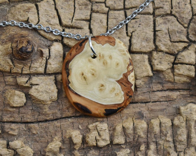 Handmade Redbud Burl Wood Pendant Necklace - 20 inch Chain