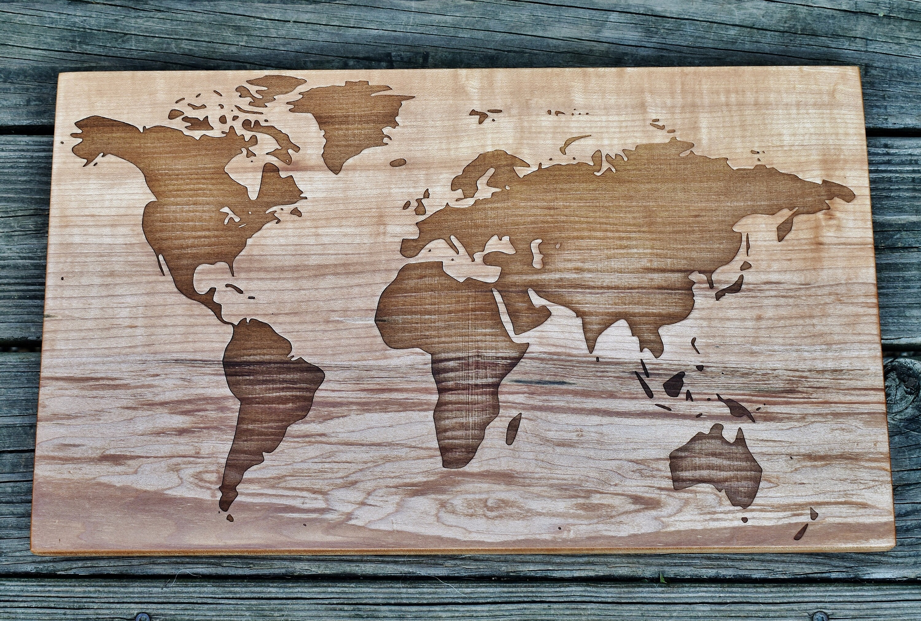 World Map - Engraved on Figured Sugar Maple Wood - Wooden World Map - Solid  Slab Map - World Map Art - 12 x 20 Inches