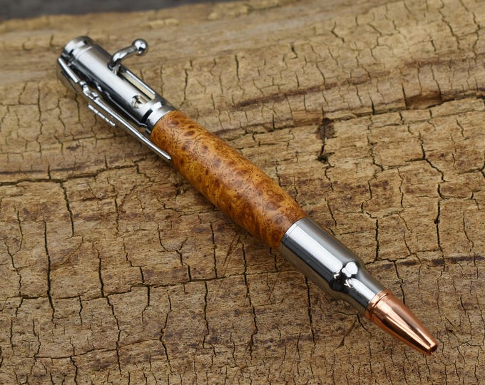 Hand Carved Wood Bolt Action Pen: River Tamarind Burl, Chrome Finish