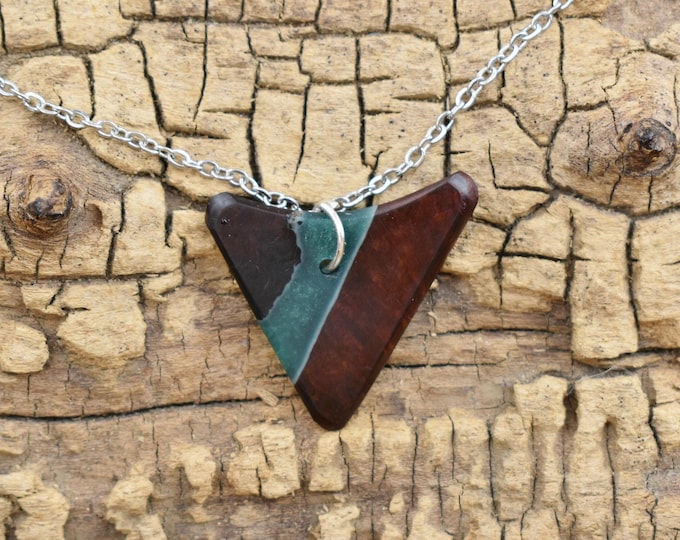 Resin and Manzanita Burl Pendant Necklace, Transparent Green Resin Wood Necklace 24 inch Long Chain