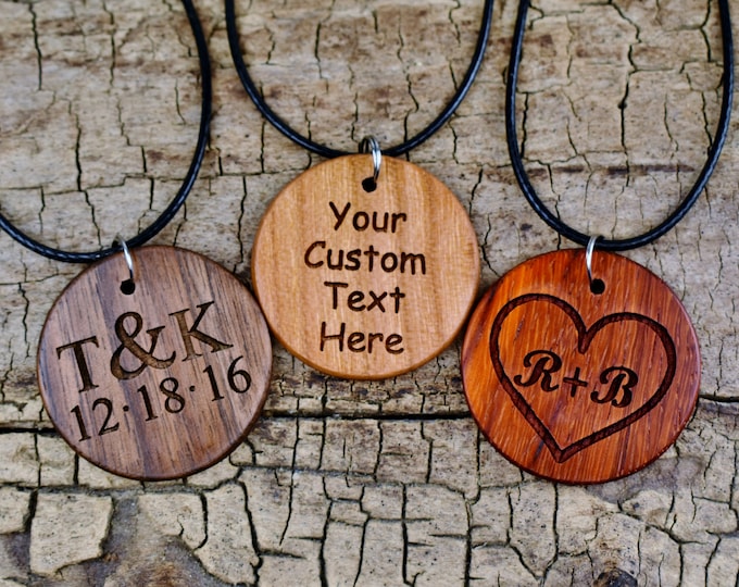 Engraved Wood Pendant Necklace: Personalized Circle Pendant, Adjustable
