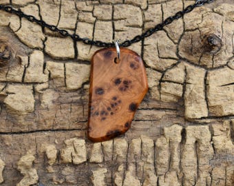 Handmade Juniper Burl Wood Pendant Necklace - 18 inch Black Chain