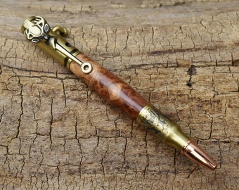 Rare Wood Deer Hunter Bolt Action Pen - Australian Red Mallee Burl - Wood Carving - Antique Brass Bolt Action Pen - Hand Carved Wood Pen