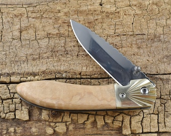 Pocket Knife with Curly Maple Wood Handle - Wood Pocket Knife -  Hunting Knife
