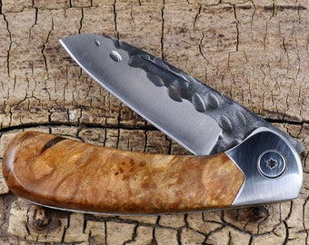Pocket Knife with Madrone Burl Handle - Wood Pocket Knife - Hammer Forge Blade - Hunting Knife- Engraving Option Available