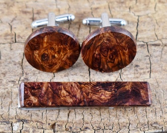 Matching Wood Tie Clip and Cuff Link Set - Honduran Rosewood Burl - Custom Engraved - 2inch Long Tie Bar - Stainless Steel - Groomsmen Gift