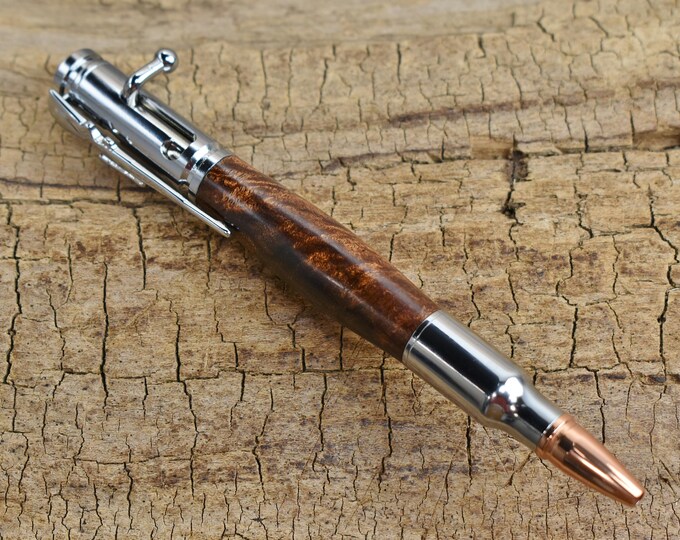 Hand Carved Burl Wood Bolt Action Pen - Chrome Finish