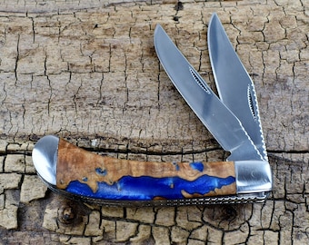 Resin Wood Pocket Knife with Wood Handle - Cobalt Diamond Blue Resin and Madrone Burl Wooden Handle - Wood Pocket Knife -  2 Blade Trapper