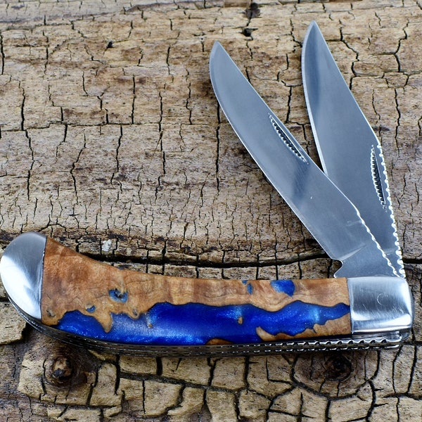 Resin Wood Pocket Knife with Wood Handle - Cobalt Diamond Blue Resin and Madrone Burl Wooden Handle - Wood Pocket Knife -  2 Blade Trapper