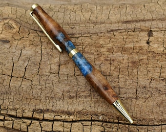 Multi-Wood Pen - Blue/Aluminum Resin Elm Burl Wooden Pen - Groomsmen Gift - Father's Day Gift - Wedding Gift - Graduation Gift