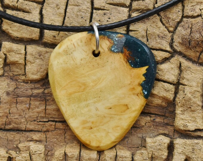 Handmade Afzelia Burl Guitar Pick Pendant: Emerald Green Resin Necklace