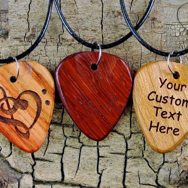 Wood Guitar Pick Necklace - One Custom Engraved Wooden Guitar Pick Necklace - 1 Custom Guitar Pick Necklace - 18-20inch Adjustable