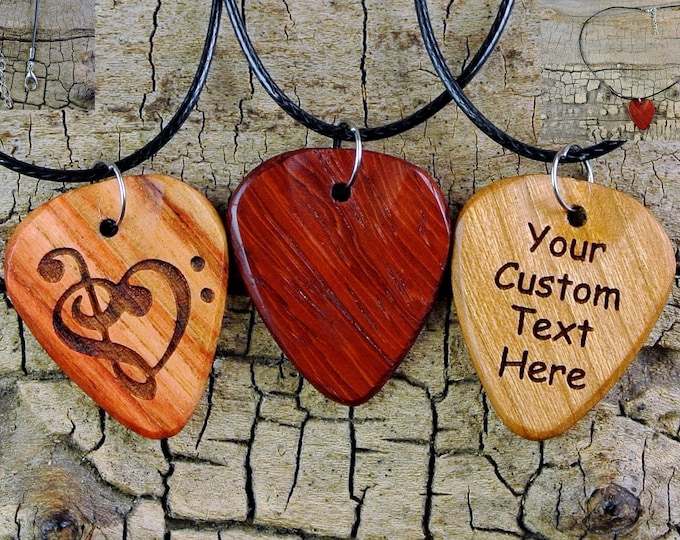 Featured listing image: Wood Guitar Pick Necklace - One Custom Engraved Wooden Guitar Pick Necklace - 1 Custom Guitar Pick Necklace - 18-20inch Adjustable