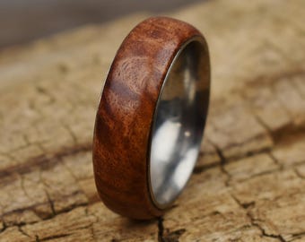 Rare Australian Red Mallee Burl Ring - Stainless Steel Core - Size 11 - 8MM (0.31 inches) Wide - Wedding Ring - Wedding Band